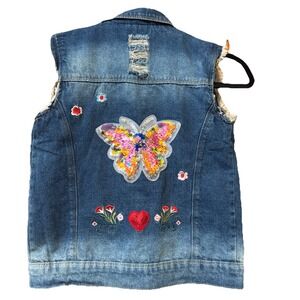 Girls Denim Vest Floral Embroidered Sleeveless  Vest Jacket Size 16